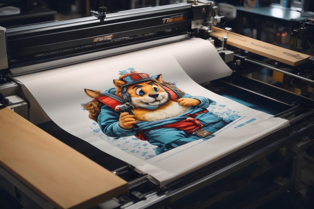 DTF gang sheet being printed with a vibrant cartoon character design, showcasing high detail and bold colours by DTFPrintWorx
