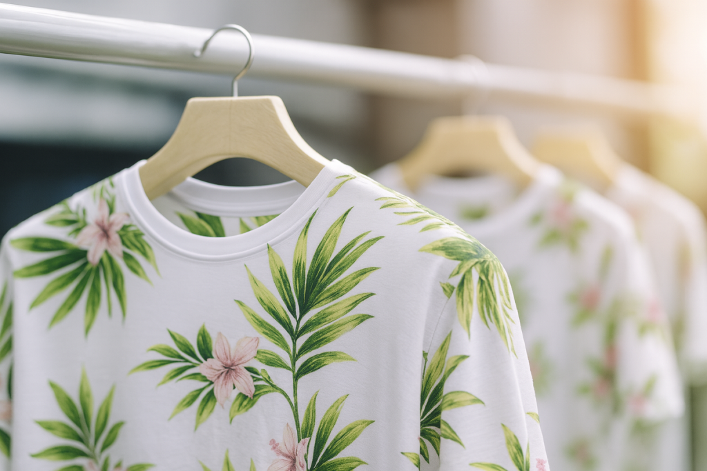 White t-shirt with all-over floral design printed using DTF transfers, hanging on wooden hanger at DTFPrintWorx UK
