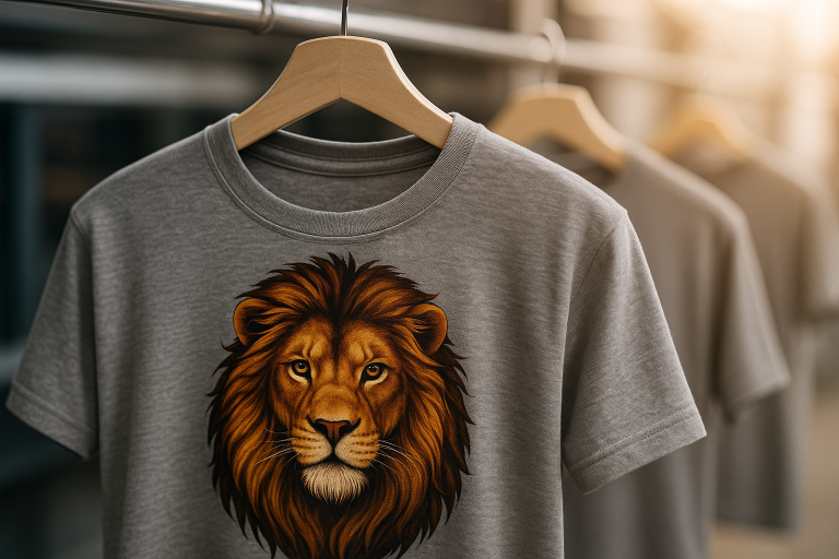 High quality DTF printed grey t-shirt featuring a detailed lion design by DTFPrintWorx UK