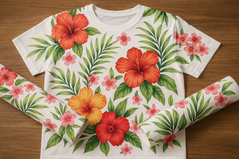 White t-shirt printed with vibrant floral DTF transfer alongside matching custom transfer sheets by DTFPrintWorx UK