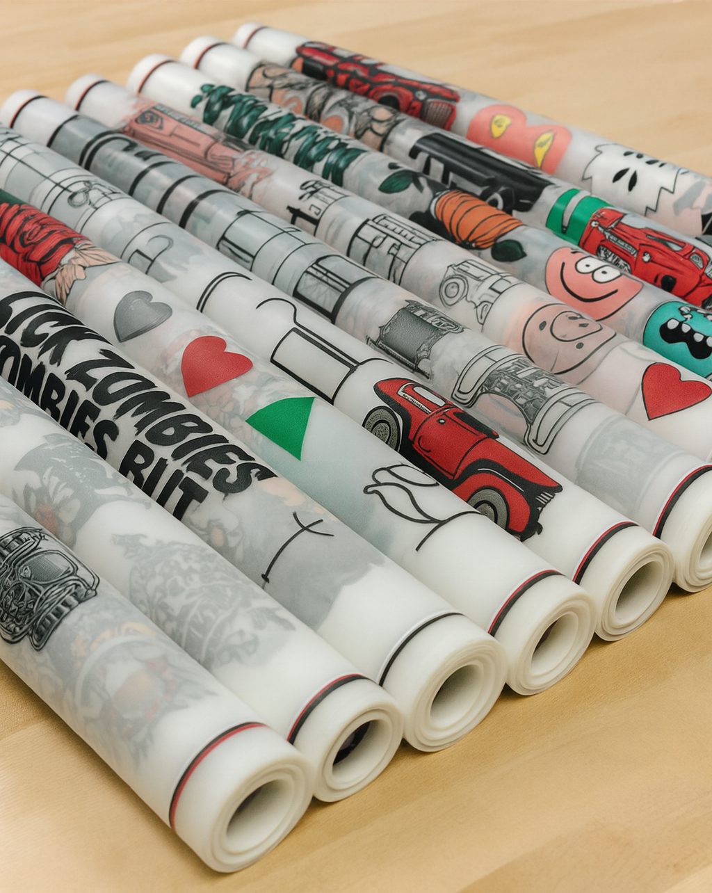 Multiple rolled DTF gang sheets with colourful custom designs ready for garment transfers by DTFPrintWorx UK